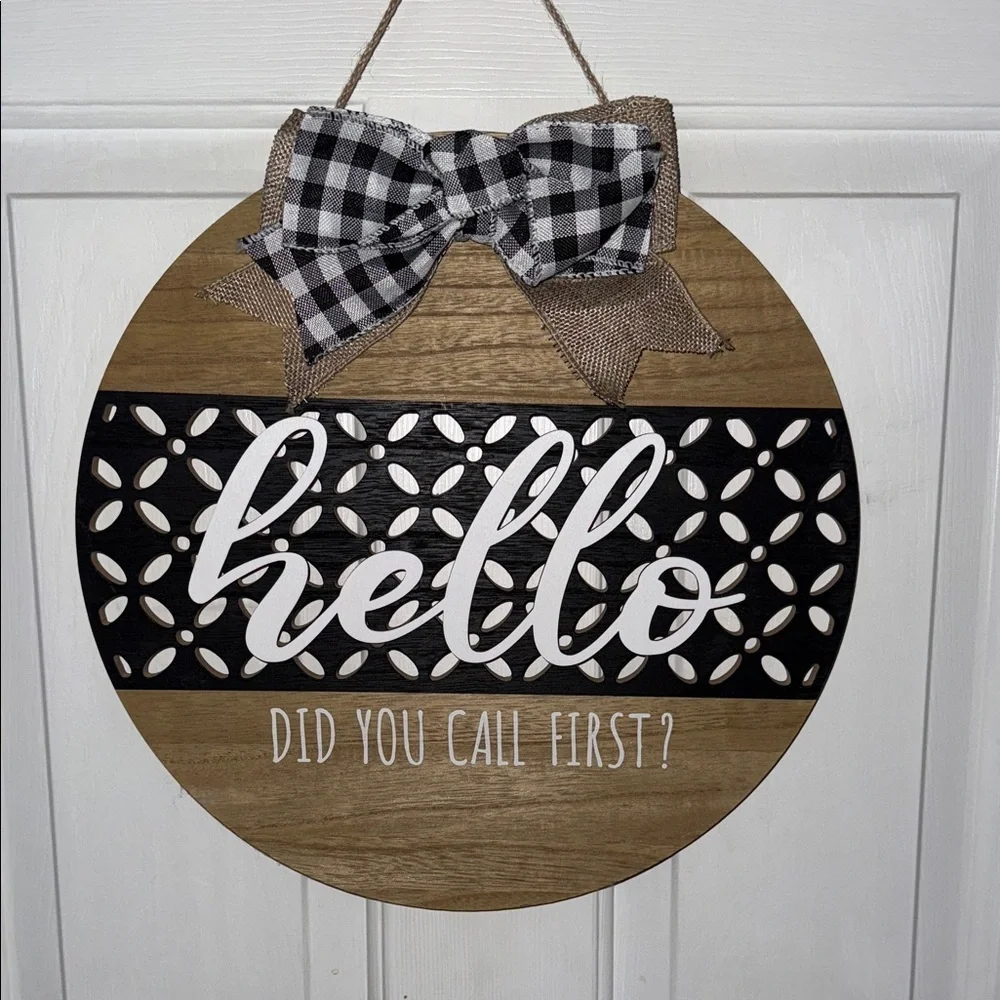 Huntington Home Tan and Black Circle Sign with Checkered Bow